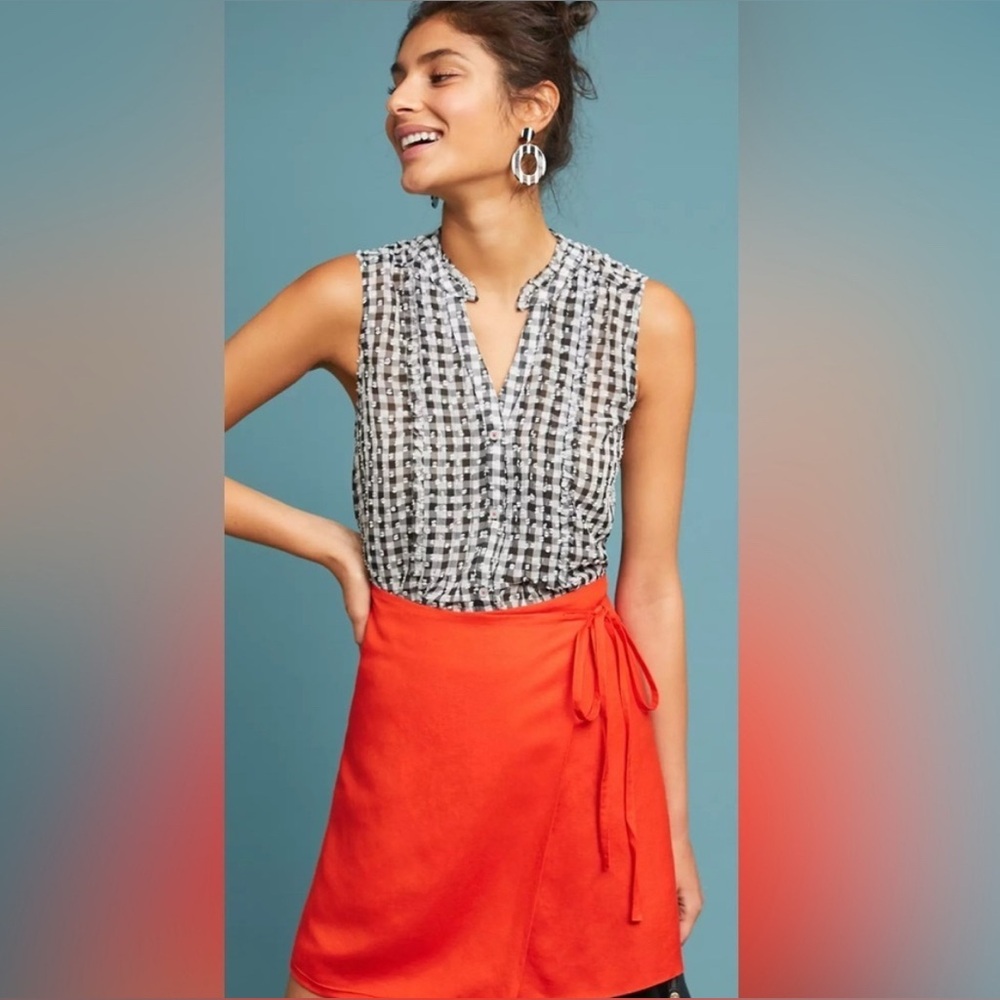 Maeve Gingham Sleeveless Top Size XS Ruffle Collar Split Neck Popcorn Blouse